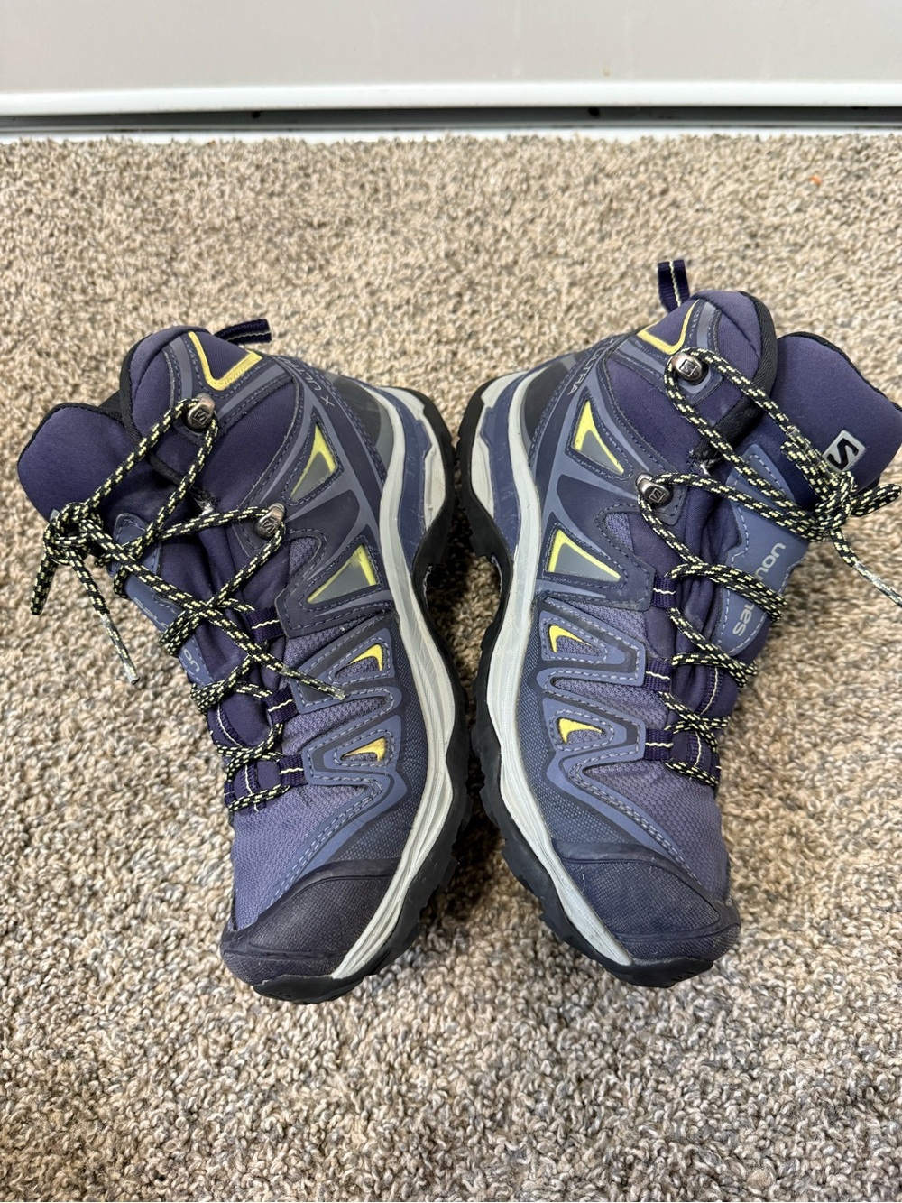 Salomon Purple and Black Trail Hiking Boots with Yellow Accents - Picture 3 of 6